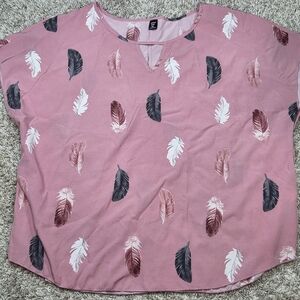 Shein Curve 4XL Feather Print Pink V-Neck Short Sleeve Blouse Boho Office Top